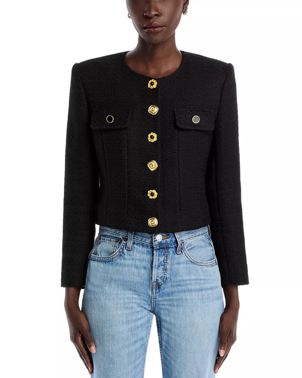 French Connection Women Black Texture Cropped Structured Jacket Size US 4